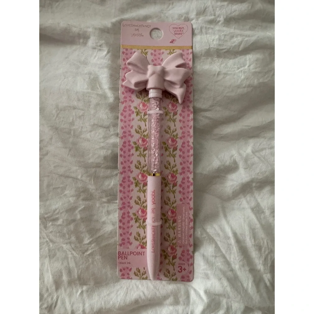 LoveShackFancy x Yoobi Pink Bow Glitter Ballpoint Pen Black Ink New NIP